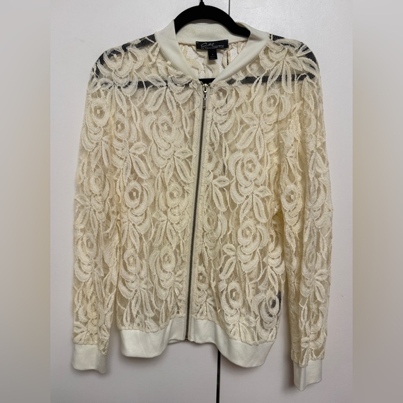 Christopher Fink Jackets & Blazers - Cream Lace Zip Bomber Jacket by